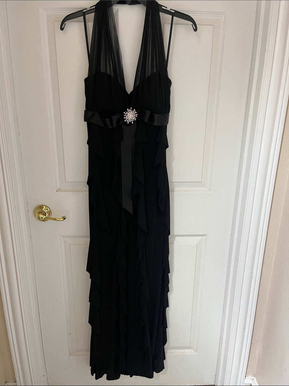 Betsy & Adam Black Halter Ruffle Maxi Dress with Crystal Brooch